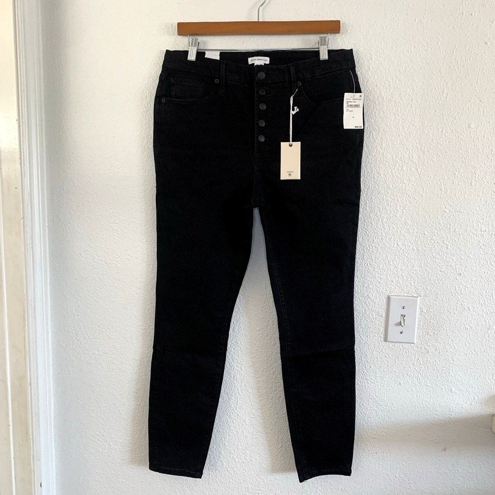 Good American Black High Button Fly Skinny Black GWEB961TNA Ankle 14/32 - Picture 1 of 7